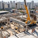 Montagem de estrutura pré-fabricada em obra urbana com guindaste e equipe técnica, destacando eficiência e redução do custo oculto da obra - Imagem Ilustrativa criada pela Equipe C3.