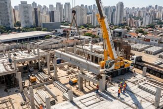 Montagem de estrutura pré-fabricada em obra urbana com guindaste e equipe técnica, destacando eficiência e redução do custo oculto da obra - Imagem Ilustrativa criada pela Equipe C3.