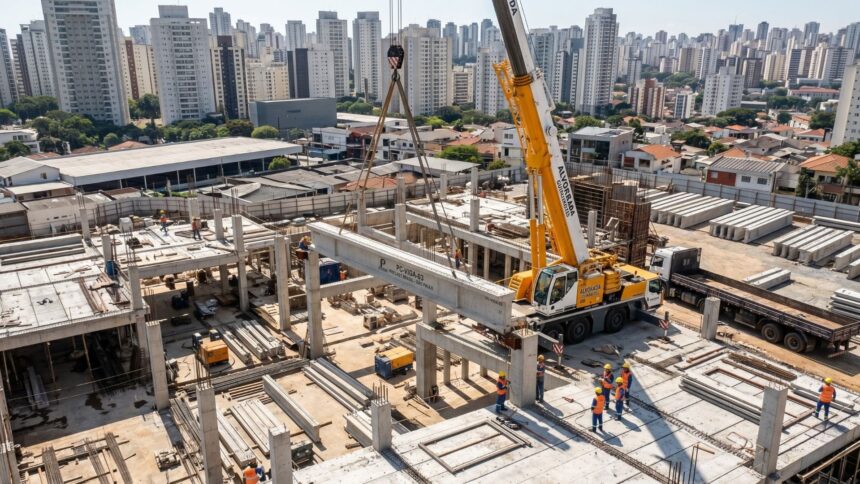 Montagem de estrutura pré-fabricada em obra urbana com guindaste e equipe técnica, destacando eficiência e redução do custo oculto da obra - Imagem Ilustrativa criada pela Equipe C3.
