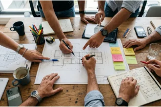 Equipe de profissionais da construção civil colaborando em torno de uma mesa, analisando plantas arquitetônicas, anotações e cronogramas, com destaque para mãos, papéis, canecas e materiais de escritório.