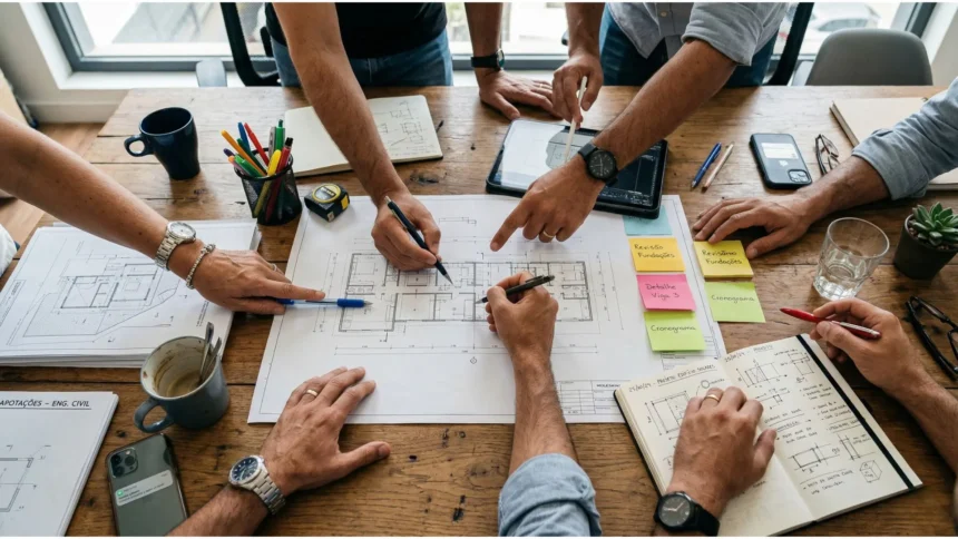 Equipe de profissionais da construção civil colaborando em torno de uma mesa, analisando plantas arquitetônicas, anotações e cronogramas, com destaque para mãos, papéis, canecas e materiais de escritório.