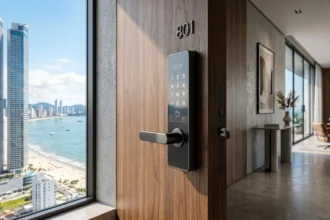 Fechadura eletrônica DLock instalada em porta de apartamento moderno com vista para a praia e skyline urbano ao fundo. Imagem Ilustrativa criada pela Equipe C3