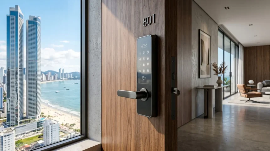 Fechadura eletrônica DLock instalada em porta de apartamento moderno com vista para a praia e skyline urbano ao fundo. Imagem Ilustrativa criada pela Equipe C3