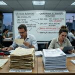 Equipe de escritório da construção civil analisa pilhas de notas fiscais antigas e novas, com quadro branco ao fundo detalhando cálculos de alíquotas e cronograma da Reforma Tributária, em ambiente corporativo moderno com vista para a cidade.