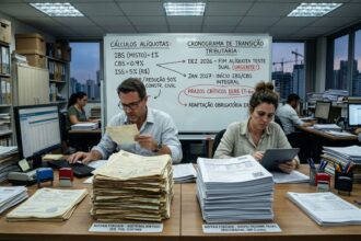 Equipe de escritório da construção civil analisa pilhas de notas fiscais antigas e novas, com quadro branco ao fundo detalhando cálculos de alíquotas e cronograma da Reforma Tributária, em ambiente corporativo moderno com vista para a cidade.