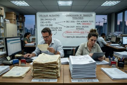 Equipe de escritório da construção civil analisa pilhas de notas fiscais antigas e novas, com quadro branco ao fundo detalhando cálculos de alíquotas e cronograma da Reforma Tributária, em ambiente corporativo moderno com vista para a cidade.