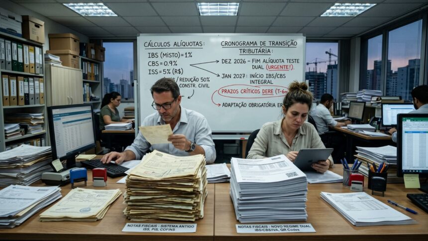 Equipe de escritório da construção civil analisa pilhas de notas fiscais antigas e novas, com quadro branco ao fundo detalhando cálculos de alíquotas e cronograma da Reforma Tributária, em ambiente corporativo moderno com vista para a cidade.