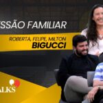 Milton, Roberta e Felipe Bigucci, líderes da MBigucci, em destaque ao lado do título “Sucessão Familiar e Inovação na Construção Civil” no card do C3 Talks, com fundo escuro e elementos gráficos em vermelho.