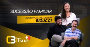 Milton, Roberta e Felipe Bigucci, líderes da MBigucci, em destaque ao lado do título “Sucessão Familiar e Inovação na Construção Civil” no card do C3 Talks, com fundo escuro e elementos gráficos em vermelho.