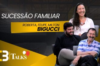 Milton, Roberta e Felipe Bigucci, líderes da MBigucci, em destaque ao lado do título “Sucessão Familiar e Inovação na Construção Civil” no card do C3 Talks, com fundo escuro e elementos gráficos em vermelho.