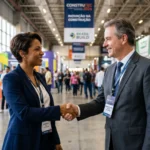 Executivos cumprimentando-se em evento de construção civil, simbolizando networking e oportunidades de negócios.