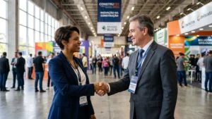 Executivos cumprimentando-se em evento de construção civil, simbolizando networking e oportunidades de negócios.