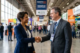 Executivos cumprimentando-se em evento de construção civil, simbolizando networking e oportunidades de negócios.