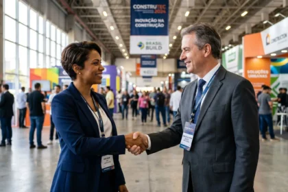 Executivos cumprimentando-se em evento de construção civil, simbolizando networking e oportunidades de negócios.