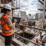 Engenheira utilizando tablet para gestão de obras com inteligência artificial em canteiro de construção civil moderno, com trabalhadores ao fundo e skyline urbano. Imagem Ilustrativa criada pela Equipe C3
