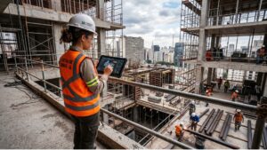 Engenheira utilizando tablet para gestão de obras com inteligência artificial em canteiro de construção civil moderno, com trabalhadores ao fundo e skyline urbano. Imagem Ilustrativa criada pela Equipe C3