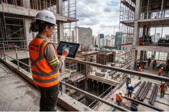 Engenheira utilizando tablet para gestão de obras com inteligência artificial em canteiro de construção civil moderno, com trabalhadores ao fundo e skyline urbano. Imagem Ilustrativa criada pela Equipe C3