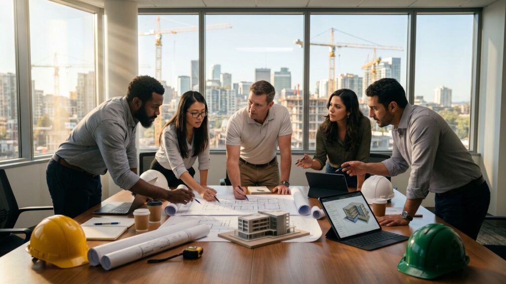 Equipe multidisciplinar de profissionais da construção civil analisa plantas e maquete de edifício em reunião, com guindastes e prédios em construção ao fundo.