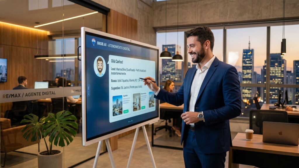 Corretor de imóveis em escritório moderno interage com painel digital de atendimento automatizado, utilizando inteligência artificial para sugerir imóveis e agilizar o atendimento ao cliente, com vista panorâmica para a cidade ao fundo.