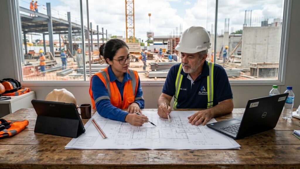 Engenheira e engenheiro civil analisam juntos uma planta de obra em uma sala com vista para o canteiro de construção, demonstrando colaboração e integração entre experiência e inovação na construção civil. Imagem Ilustrativa criada pela Equipe C3.