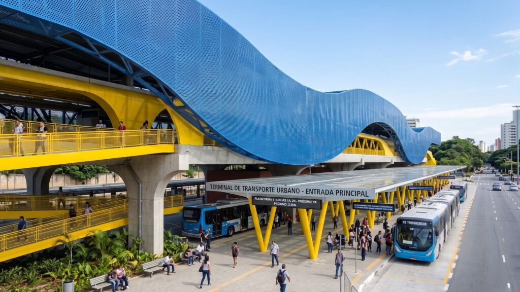 Terminal de transporte urbano em São Paulo com cobertura azul ondulada, passarelas amarelas elevadas e ônibus articulados, destacando a modernização da infraestrutura e a integração da mobilidade urbana.
