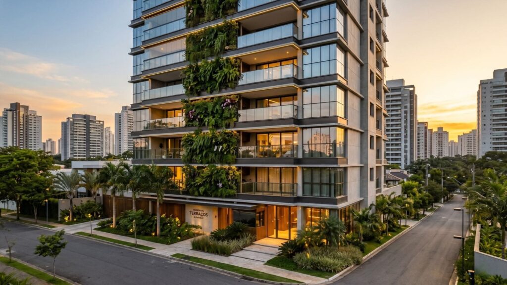 Fachada de edifício residencial moderno com jardim vertical, grandes janelas de vidro e iluminação ao entardecer em bairro nobre de Alphaville.