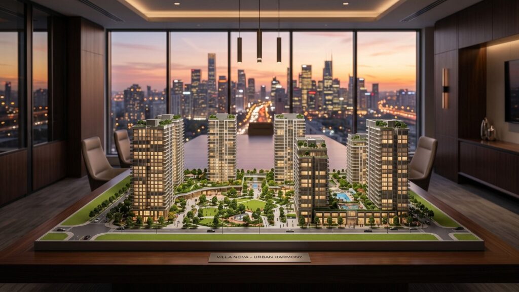 Maquete detalhada de empreendimento imobiliário moderno em sala de reuniões sofisticada, com vista panorâmica para o skyline urbano ao entardecer.