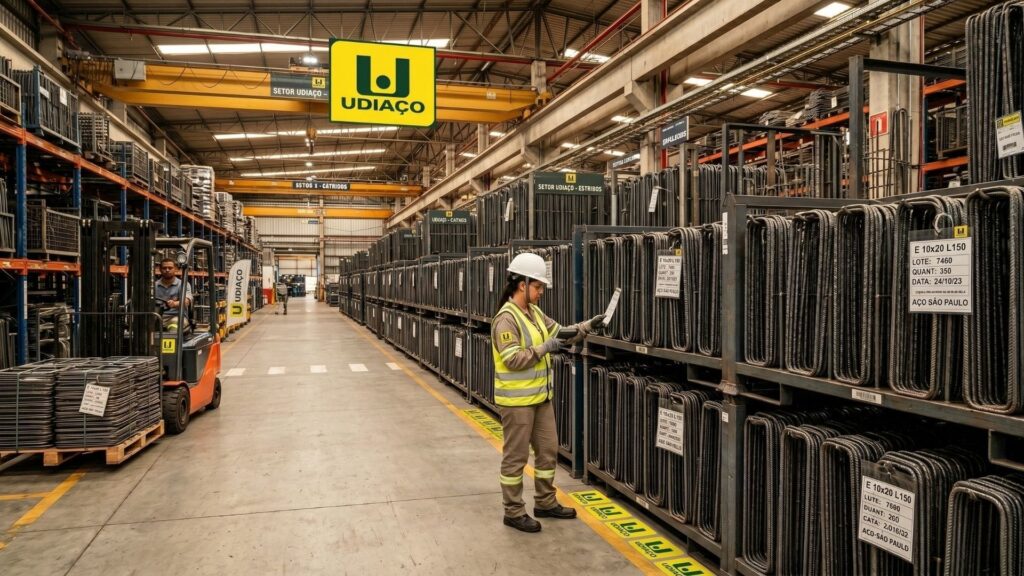 Galpão industrial da Udiaço com estoque organizado de estribos de aço, colaborador conferindo materiais e empilhadeira em operação, destacando eficiência logística e controle de qualidade.