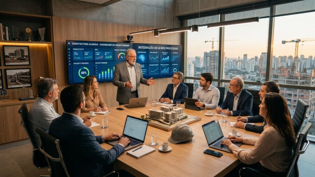Reunião de executivos de uma construtora familiar em sala moderna, analisando dashboards digitais de produtividade e integração de processos, com vista panorâmica para obras e cidade ao fundo.