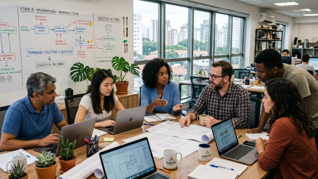 Equipe multidisciplinar de profissionais da construção civil reunida em sala de reuniões, discutindo estratégias e processos de implementação de projetos, com laptops, plantas e fluxogramas em destaque. Imagem Ilustrativa criada pela Equipe C3.