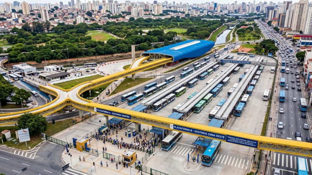 Vista aérea do Terminal Intermodal São Paulo, com passarelas amarelas elevadas, cobertura azul moderna e dezenas de ônibus organizados nas plataformas, destacando a integração e modernização da mobilidade urbana na cidade. Imagem Ilustrativa criada pela Equipe C3.
