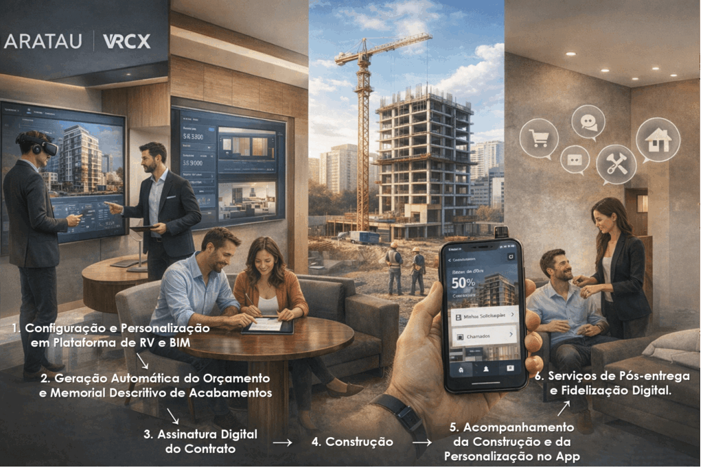Fluxo da jornada do cliente no mercado imobiliário, mostrando etapas digitais desde a personalização em BIM e Realidade Virtual até o pós-venda, com imagens de clientes, construção e acompanhamento por aplicativo.