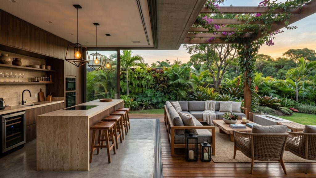 Espaço gourmet integrado a lounge externo com móveis sofisticados, pergolado com plantas e vista para jardim tropical ao entardecer.
