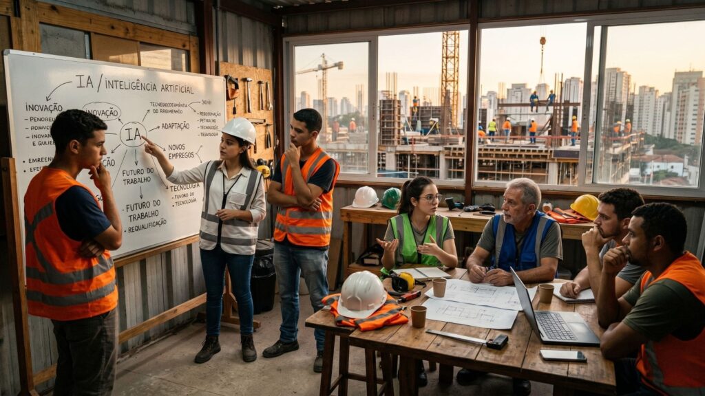 Equipe de profissionais da construção civil, usando EPIs, discute o impacto da inteligência artificial no futuro do trabalho em um canteiro de obras, reunidos ao redor de uma mesa com projetos e diante de um quadro branco com tópicos sobre IA, tendo ao fundo a estrutura de um edifício em construção e o skyline da cidade.