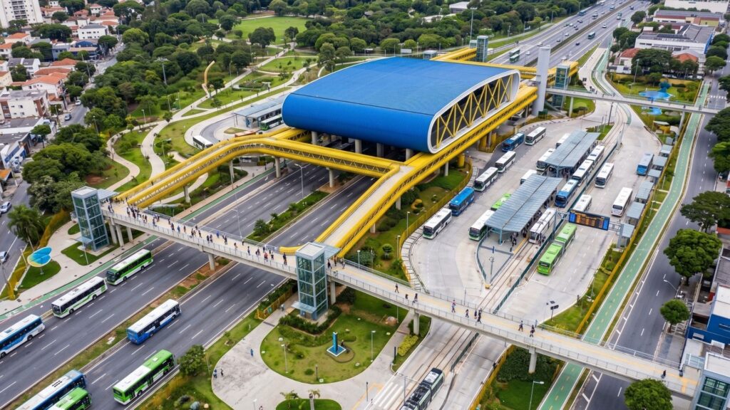 Vista aérea de terminal de ônibus moderno em São Paulo, com cobertura azul, passarelas amarelas elevadas, ônibus organizados nas plataformas e áreas verdes ao redor, representando integração e inovação em mobilidade urbana. Imagem Ilustrativa criada pela Equipe C3.
