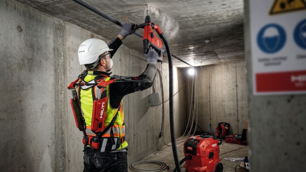 Trabalhador da construção civil utiliza martelete Hilti com sistema de extração de pó e exoesqueleto para perfuração no teto, equipado com EPI completo em ambiente de obra. Imagem Ilustrativa criada pela Equipe C3.