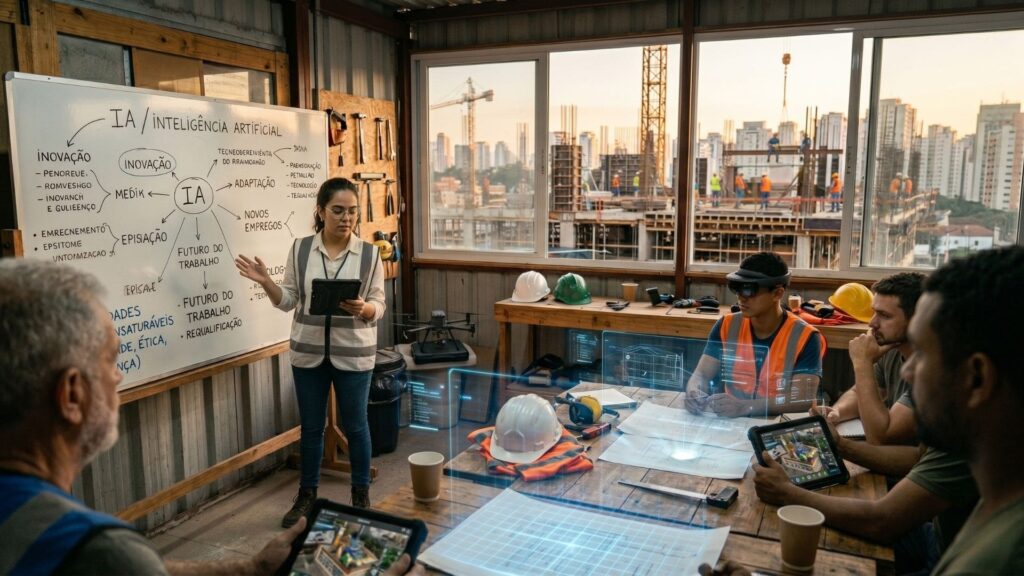 Profissionais da construção civil em canteiro de obras utilizam tablets e projetam hologramas digitais sobre plantas e documentos, enquanto uma engenheira apresenta conceitos de inteligência artificial em um quadro branco, com edifício em construção e skyline urbano ao fundo.