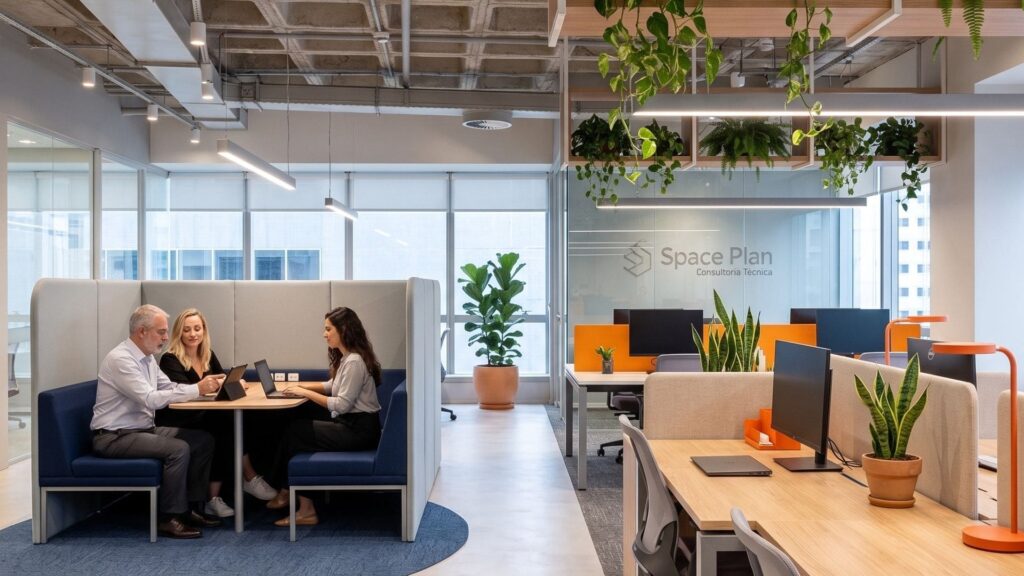 Ambiente corporativo moderno da Space, com estação de trabalho colaborativa, divisórias acústicas, mesas com plantas naturais, iluminação eficiente e design biofílico, promovendo integração, conforto e produtividade.