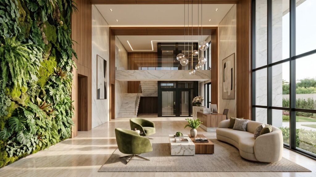 Hall de entrada sofisticado com pé-direito duplo, parede verde de plantas naturais, móveis contemporâneos e grandes janelas de vidro, iluminado por luz natural.