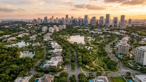 Vista aérea de Alphaville ao entardecer, mostrando condomínios residenciais de alto padrão, áreas verdes, lagos e o skyline de prédios modernos ao fundo.