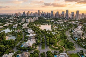 Vista aérea de Alphaville ao entardecer, mostrando condomínios residenciais de alto padrão, áreas verdes, lagos e o skyline de prédios modernos ao fundo.