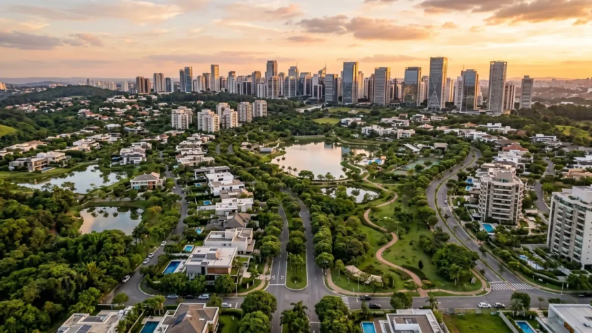 Vista aérea de Alphaville ao entardecer, mostrando condomínios residenciais de alto padrão, áreas verdes, lagos e o skyline de prédios modernos ao fundo.
