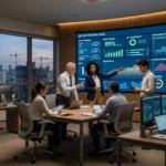Equipe de profissionais da construção civil analisa dashboards digitais de produtividade e indicadores de obras em uma sala de controle moderna, com vista panorâmica para a cidade ao entardecer.