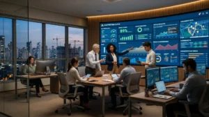 Equipe de profissionais da construção civil analisa dashboards digitais de produtividade e indicadores de obras em uma sala de controle moderna, com vista panorâmica para a cidade ao entardecer.