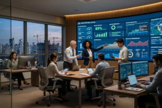 Equipe de profissionais da construção civil analisa dashboards digitais de produtividade e indicadores de obras em uma sala de controle moderna, com vista panorâmica para a cidade ao entardecer.