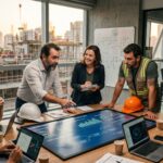 Equipe multidisciplinar da construção civil reunida em sala de reuniões moderna, analisando dashboards digitais e discutindo estratégias de implementação de inteligência artificial, com canteiro de obras visível ao fundo.