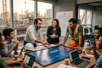 Equipe multidisciplinar da construção civil reunida em sala de reuniões moderna, analisando dashboards digitais e discutindo estratégias de implementação de inteligência artificial, com canteiro de obras visível ao fundo.