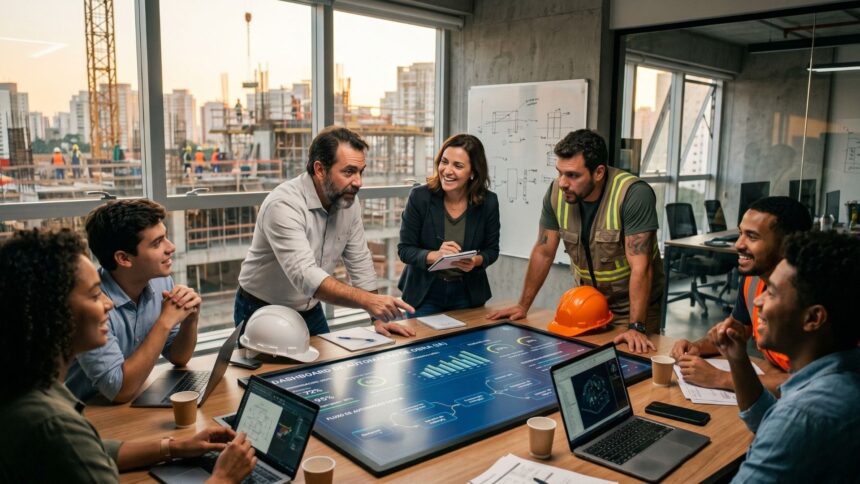 Equipe multidisciplinar da construção civil reunida em sala de reuniões moderna, analisando dashboards digitais e discutindo estratégias de implementação de inteligência artificial, com canteiro de obras visível ao fundo.