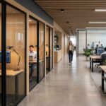 Ambiente corporativo moderno da Space, com estações de trabalho integradas, cabines privativas envidraçadas, iluminação natural abundante, mobiliário em madeira clara e plantas naturais, transmitindo sofisticação, produtividade e bem-estar.