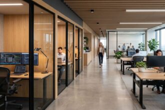 Ambiente corporativo moderno da Space, com estações de trabalho integradas, cabines privativas envidraçadas, iluminação natural abundante, mobiliário em madeira clara e plantas naturais, transmitindo sofisticação, produtividade e bem-estar.